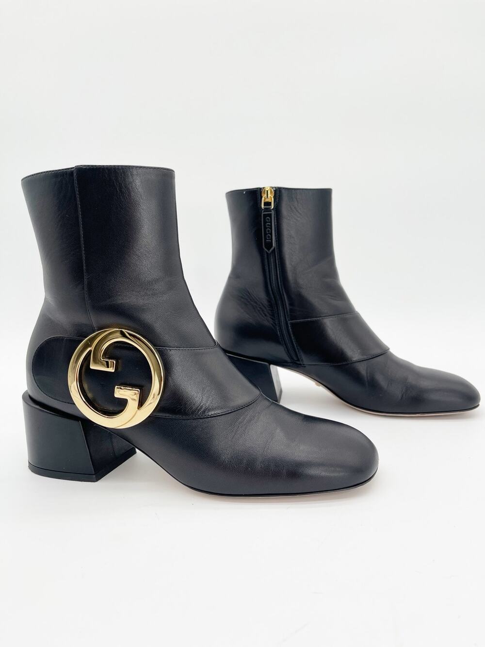 Gucci Malaga Black Leather GG Blondie Round Toe Block Heel Ankle Boots IT 37